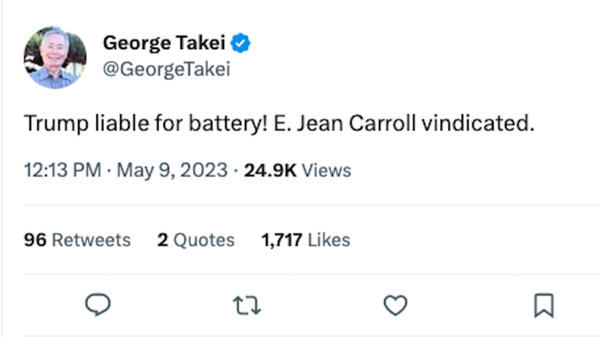 Screenshot of George Takei's Twitter message
