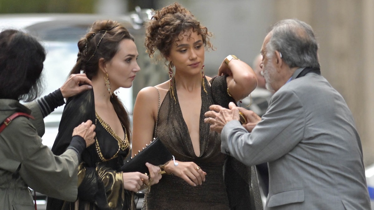 ATLANTA, GEORGIA - NOVEMBER 07: Chloe Fineman, Nathalie Emmanuel, and Francis Ford Coppola are seen on set for "Megalopolis" on November 07, 2022 in Atlanta, Georgia