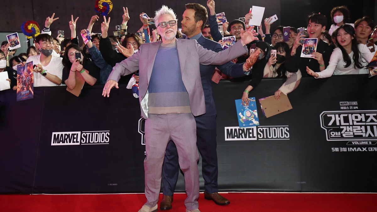 SEOUL, SOUTH KOREA - APRIL 19: Director James Gunn and Chris Pratt attend the Seoul premiere of "Guardians Of The Galaxy Vol.3" at Dongdaemun Design Plaza on April 19, 2023 in Seoul, South Korea.