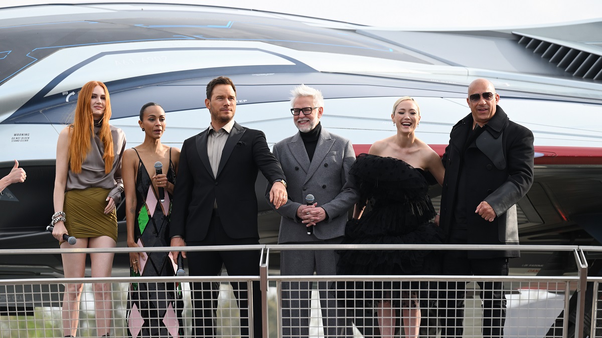 PARIS, FRANCE - APRIL 22: (L-R) Karen Gillan, Zoe Saldana, Chris Pratt, James Gunn, Pom Klementieff and Vin Diesel attend the "Guardians Of The Galaxy Vol. 3" European Gala Event at the Avengers Campus at Disneyland Paris on April 22, 2023 in Paris, France.