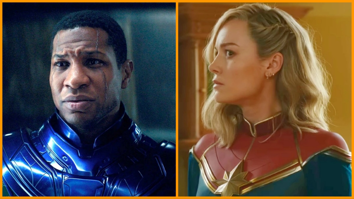 Jonathan Majors as Kang in the Conqueror in 'Quantumania' and Brie Larson as Captain Marvel in 'The Marvels'