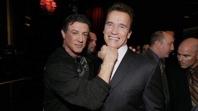 LAS VEGAS, NEVADA - JANUARY 24: Sylvester Stallone and Governor Arnold Schwarzenegger at the Lionsgate World Premiere of 'Rambo' on January 24, 2008 at Planet Hollywood Resort and Casino in Las Vegas, NV.