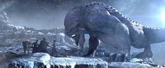 A frost beast from Secret Invasions looks down at two people. 