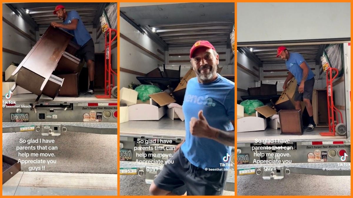 TikTok stills of a man moving furniture into a truck.