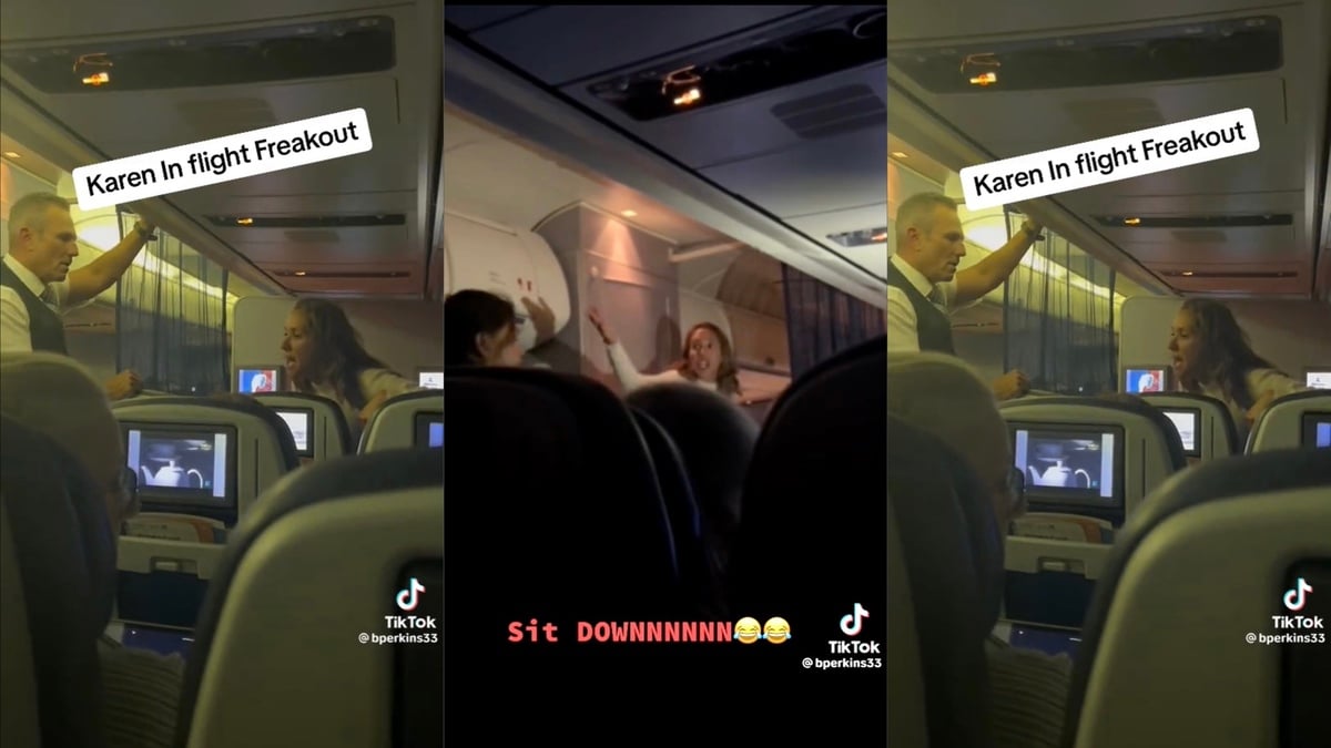 Screengrabs from a TikTok by @boerkins33 showing a disgruntled woman causing a scene aboard a plane