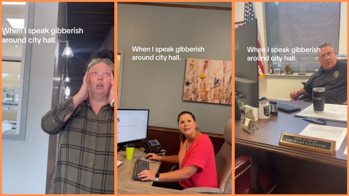 Screengrabs of the viral TikTok video "When I speak gibberish around City Hall"