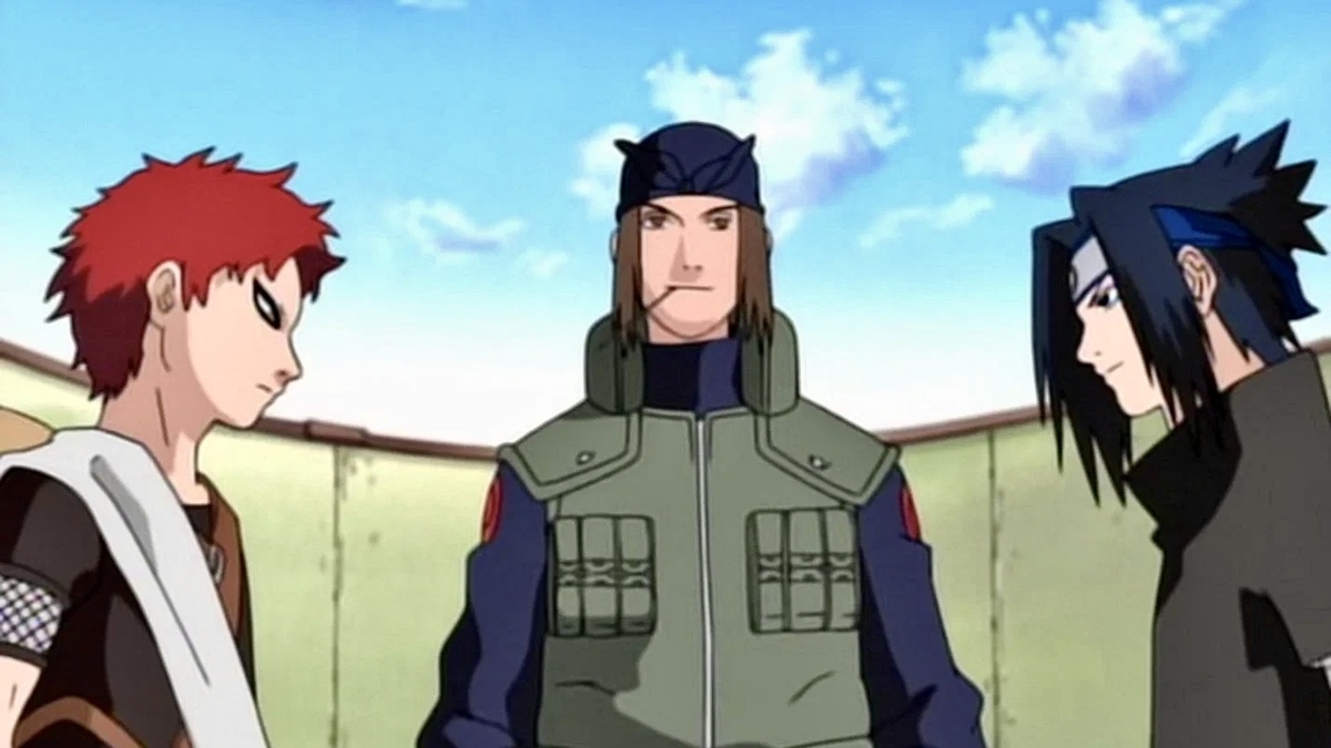 ‘Naruto’ character Genma supervises as Gaara and Sasuke prepare to fight.