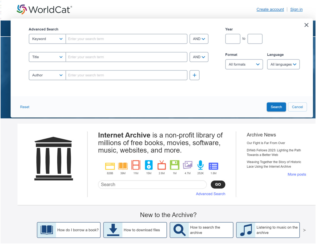 collage of two screengrabs of WorldCat and Internet Archive