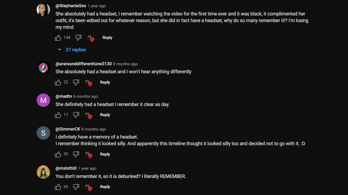 Screengrab of comments made under a YouTube video about the Britney Spears "Oops!... I Did It Again" music video Mandela Effect