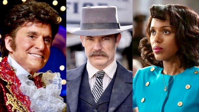 A split image of Michael Douglas as Liberace smiling, Timothy Olymphant as Seth Bullock staring straight at the camera, and Kerry Washington as Anita Hill swearing an oath.
