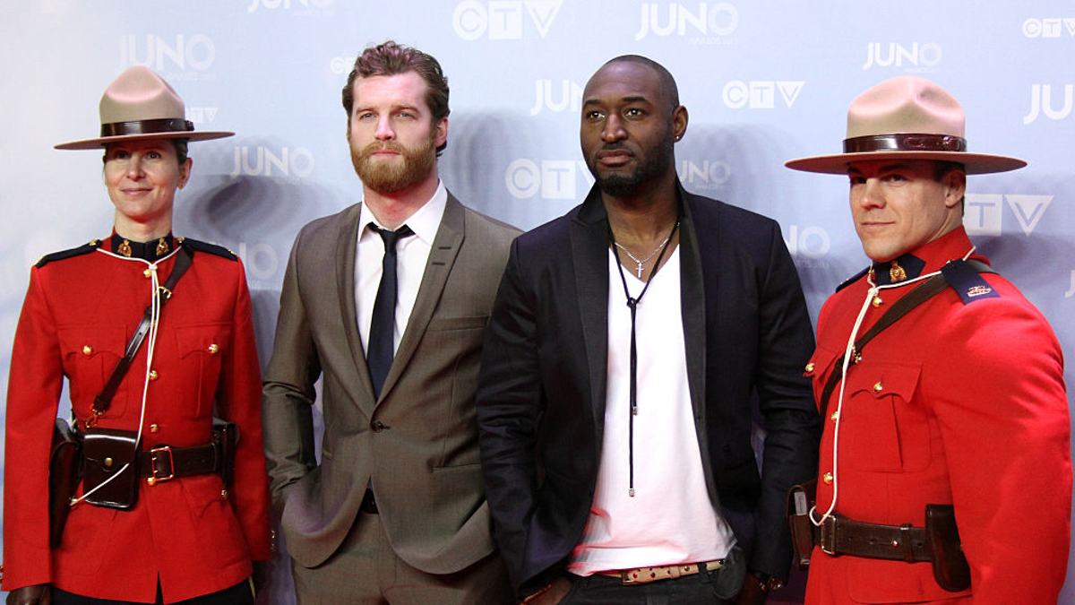  Jared Keeso and Adrian Holmes arrive at the 2015 Juno Awards at FirstOntario Centre on March 15, 2015 in Hamilton, Canada. 