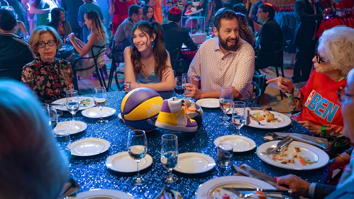 You Are So Not Invited To My Bat Mitzvah. (L to R) Jackie Hoffman as Irene, Sunny Sandler as Stacy Friedman, Adam Sandler as Danny Friedman and Allison McKay as Sylvia in You Are So Not Invited To My Bat Mitzvah.