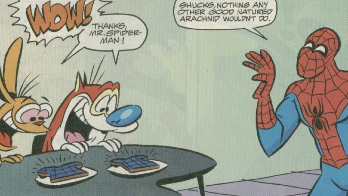 Spider-Man feeding Ren and Stimpy some toast.