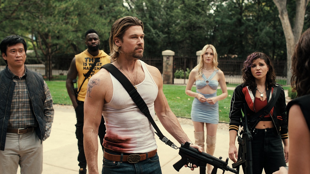 Obliterated. (L to R) Eugene Kim as Paul Yung, Terrence Terrell as Trunk, Nick Zano as Chad McKnight, Alyson Gorske as Lana, Paola Lázaro as Angela Gomez in episode 106 of Obliterated.