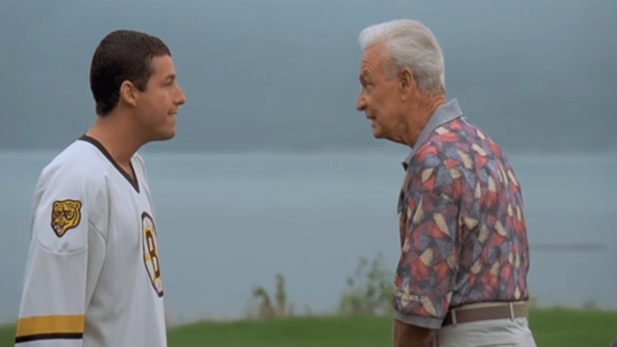 Adam Sandler and Bob Barker face off while playing golf in "Happy Gilmore." 