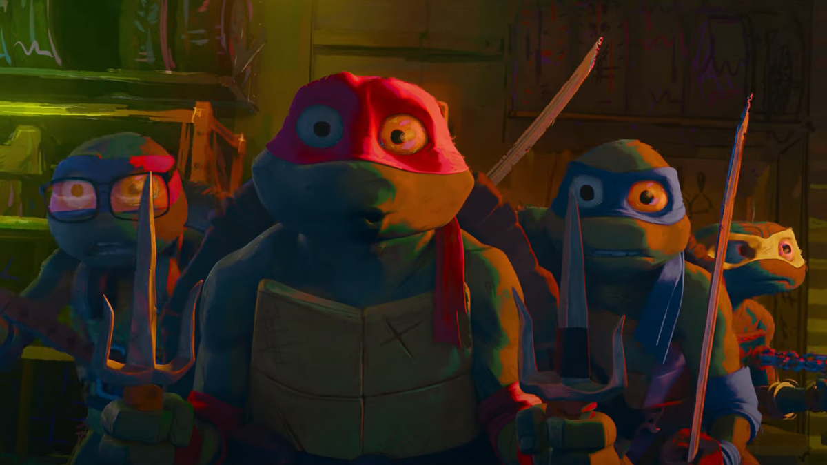 Raphael standing in front of the rest of the Ninja Turtles in "Mutant Mayhem."