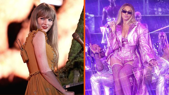 Photo montage of Taylor Swift during a show of her 'The Eras Tour' and Beyoncé during a show of her 'Renaissance World Tour'.