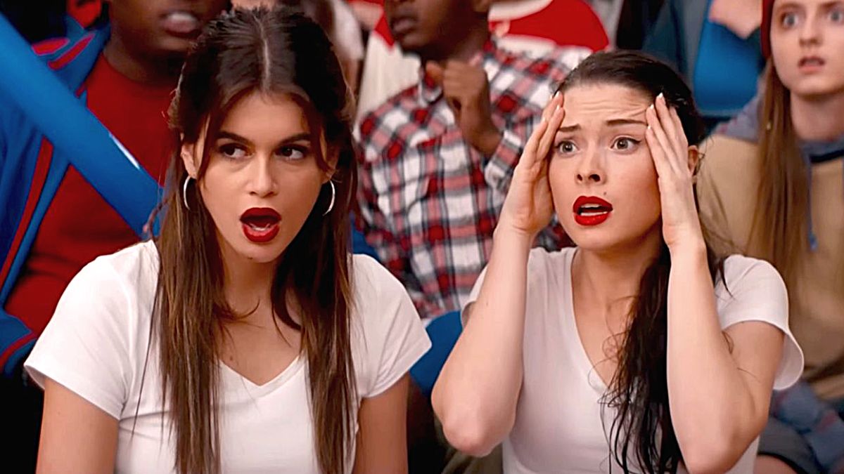 Kaia Jordan Gerber and Virgina Tucker look shocked in Emma Seligman's 2023 movie 'Bottoms'.