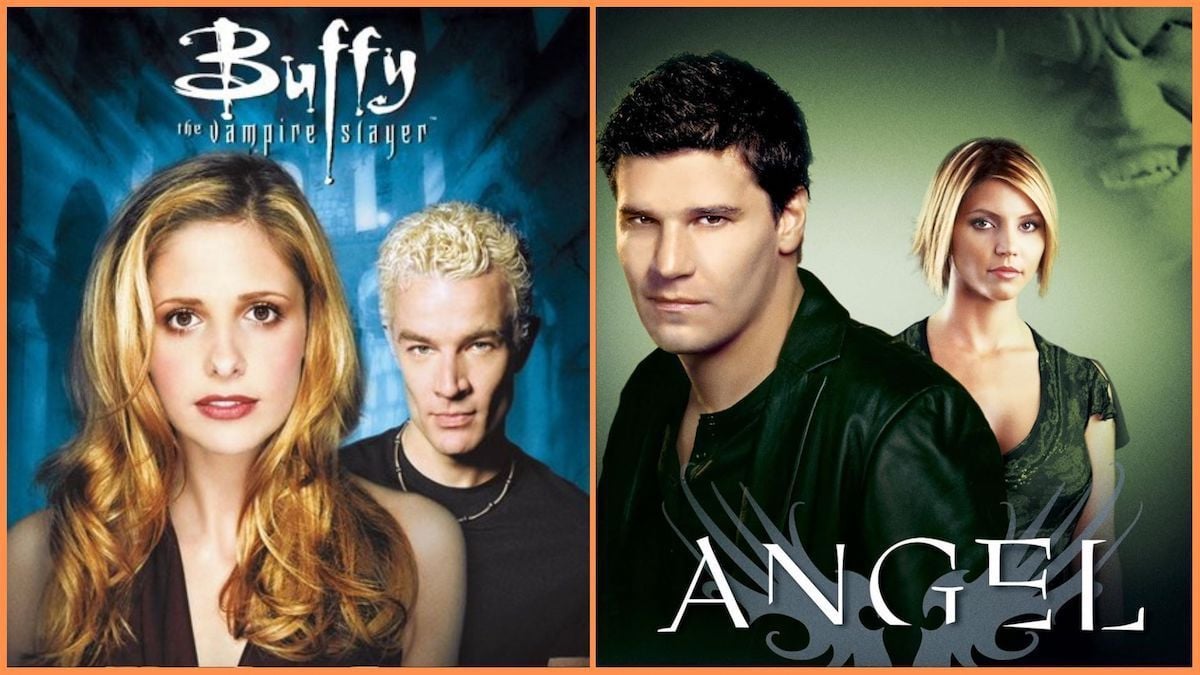 Sarah Michelle Gellar and James Marsters in 'Buffy' season 7 poster / David Boreanaz and Charisma Carpenter in 'Angel' season 4 poster