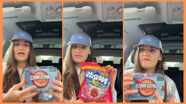 A woman holds a box of hot chocolate, a woman holds a bag of Nerds Gummy candy, and a woman holds a box of hot chocolate.