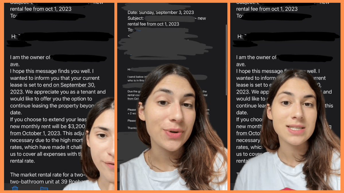 A real estate agent in front of emails from a landlord notifying tenants of an illegal rent increase.