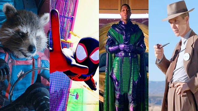 Stills from Guardians of the Galaxy Vol. 3, Spider-Man Across the Spider-Verse, Ant-Man and the Wasp: Quantumania, and Oppenheimer