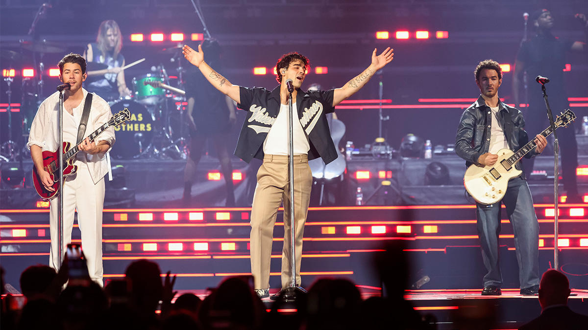 (L-R) Nick Jonas, Joe Jonas and Kevin Jonas perform onstage during Jonas Brothers “Five Albums, One Night” Tour at Little Caesars Arena on August 24, 2023 in Detroit, Michigan.