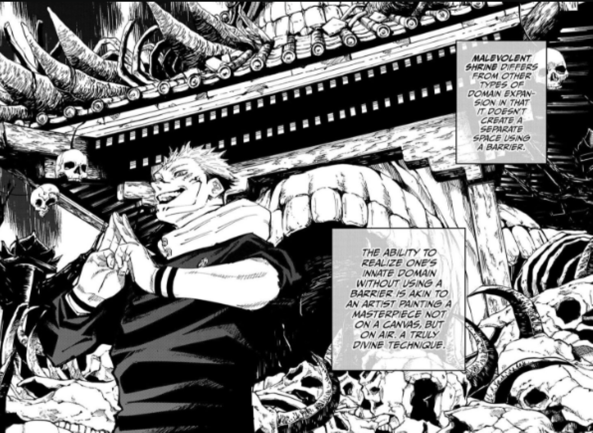 Sukuna among skulls after destroying Shibuya in "Jujutsu Kaisen."