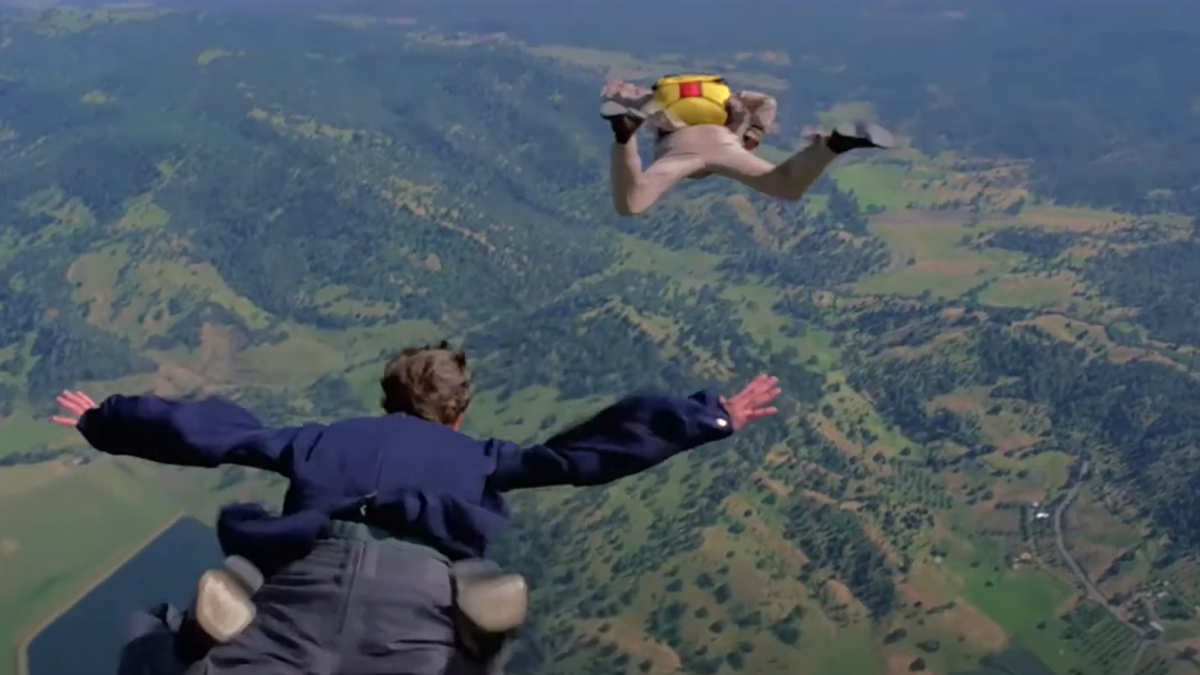 James Bond pursuing a henchman in freefall