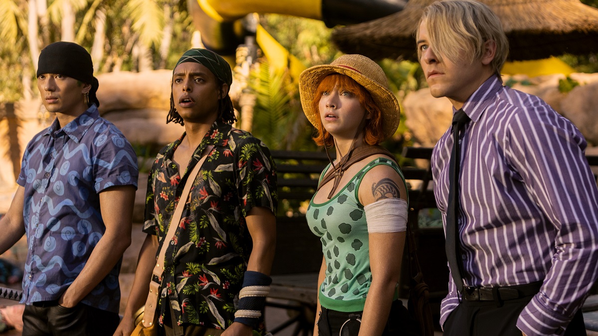 One Piece. (L to R) Mackenyu Arata as Roronoa Zoro, Jacob Romero Gibson as Usopp, Emily Rudd as Nami, Taz Skylar as Sanji in season 1 of One Piece.