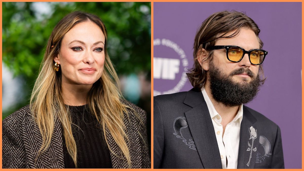 Side by side of Olivia Wilde smiling off camera and Nick Thorn wearing glasses, also looking off camera