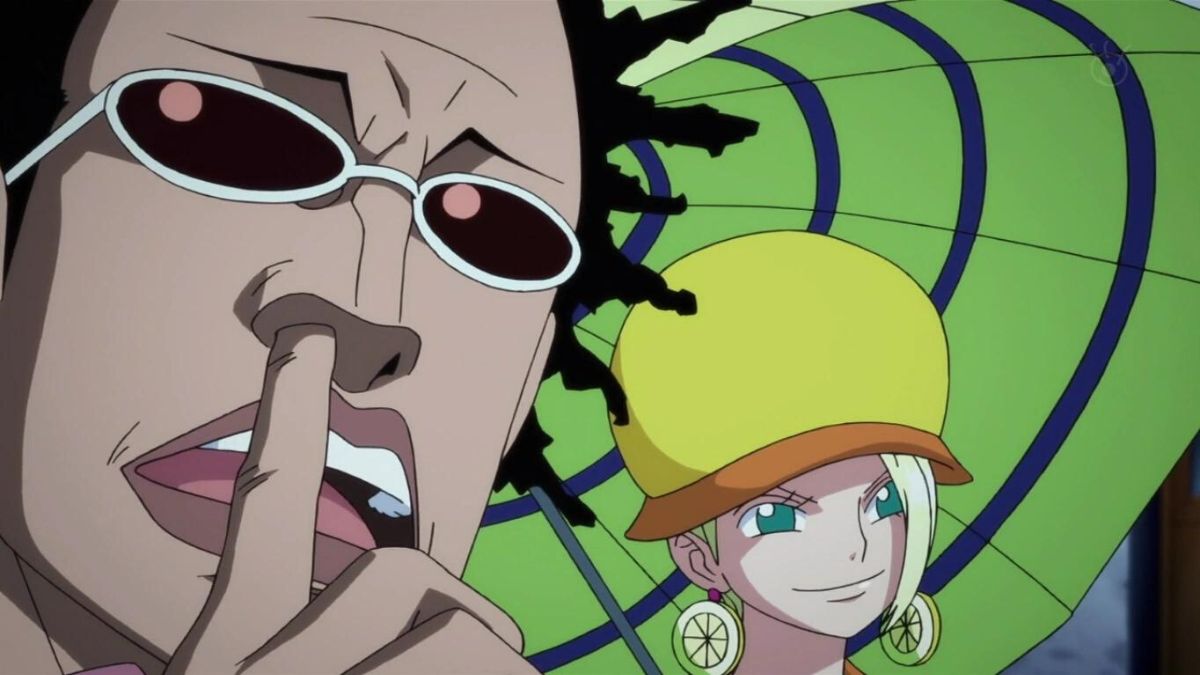 Baroque Works' Gem picking his nose and Miss Valentine with her umbrella from One Piece