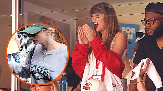 Montage of Taylor Swift cheering Travis Kelce on at the Kansas City Chiefs game and wearing a Philadelphia Eagles sweater back in June, 2023.