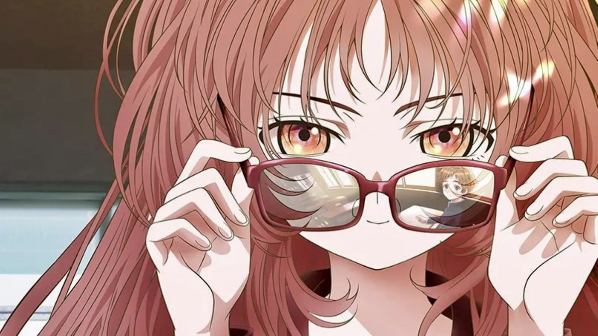 Mei Ai from the anime, “The Girl I Like Forgot Her Glasses” holding her glasses and smiling.
