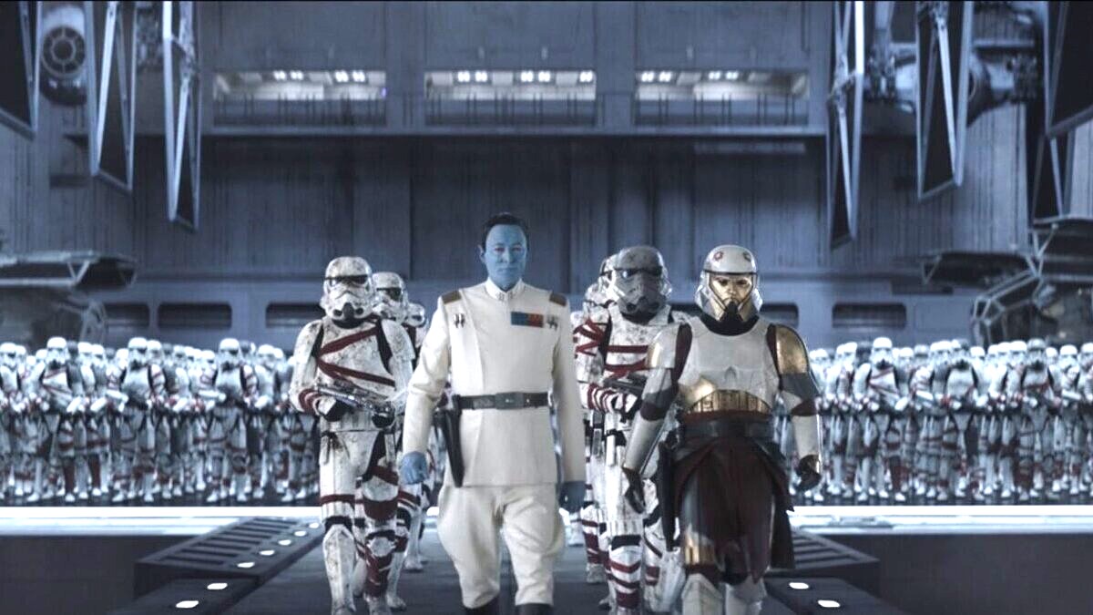 Grand Admiral Thrawn (Lars Mikkelsen) marches with his Night Troopers aboard the Chimaera in 'Ahsoka' episode six