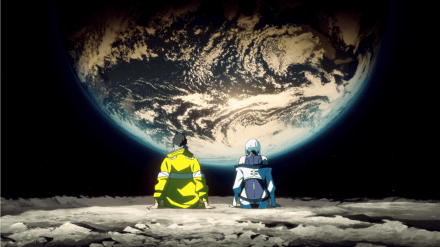 David and Lucy observe the Earth from the surface of the moon in 'Cyberpunk: Edgerunners'