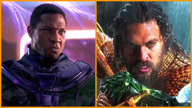 Kang (Jonathan Majors) glares in 'Ant-Man and the Wasp: Quantumania' and Jason Momoa wields his trident in 'Aquaman'
