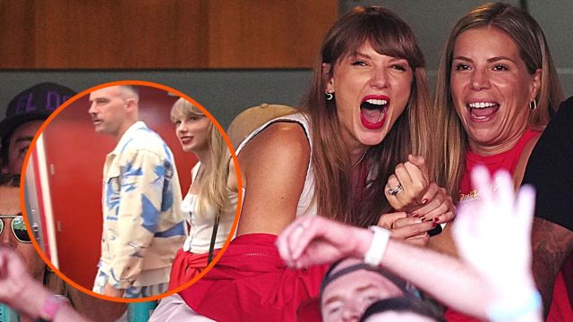 Montage of Taylor Swift attending the Chiefs game at Arrowhead Stadium featuring a photo of her in the box enthusiastically reacting to the game and another of her leaving the stadium with Kansas City Chiefs tight end Travis Kelce.