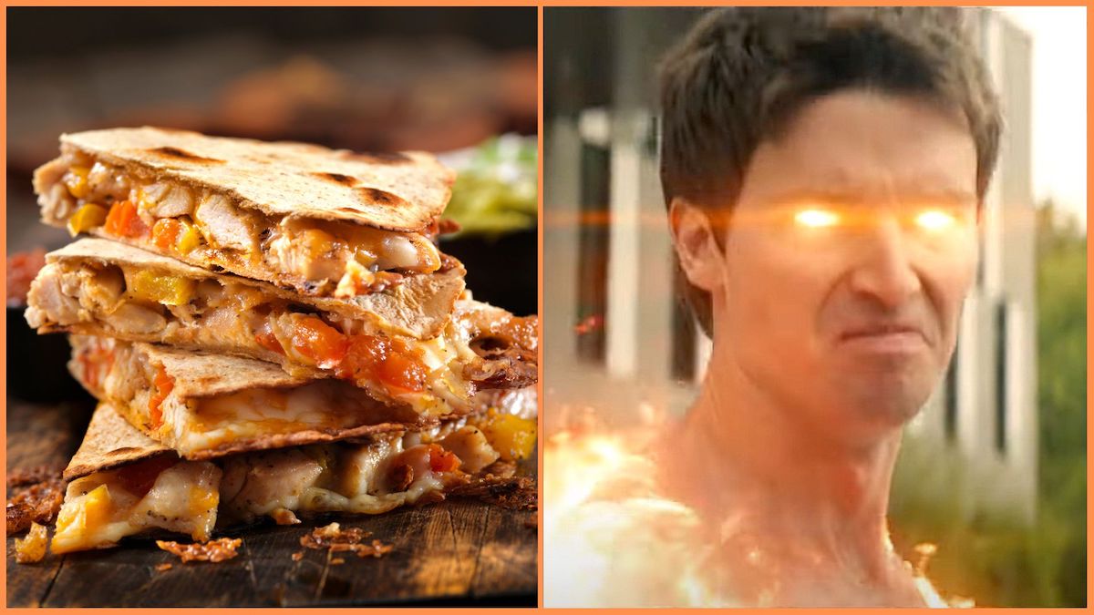 Patrick Schwarzenegger as Luke in The Boys spin-off Gen V alongside a photo of a quesadilla