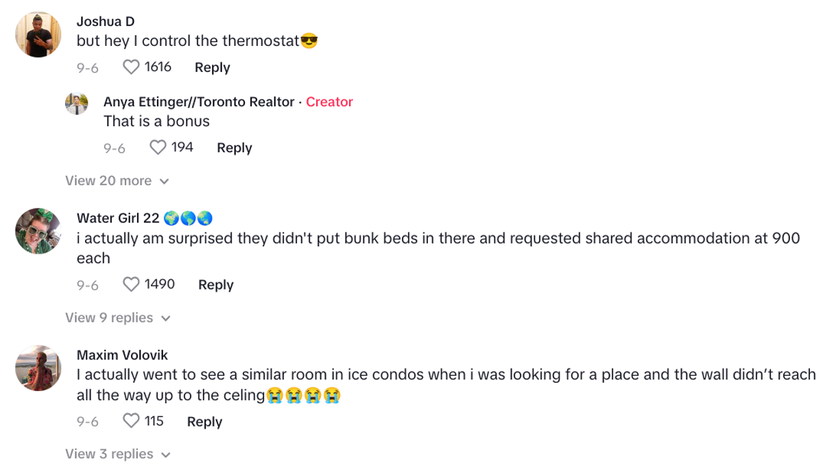 A selection of comments under aserealty's TikTok about a Chicago room for rent